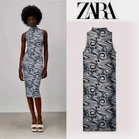 Zara Blue Marbled Jacquard Ribbed Bodycon Midi Dress - www.joarbit.com